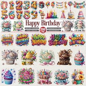 Può includere: Una collezione di grafiche digitali a tema compleanno. Include i numeri 0-9 con decorazioni a palloncino, confezioni regalo, cupcake, torte e la scritta "Happy Birthday" in vari stili. Perfetto per progetti di artigianato digitale.