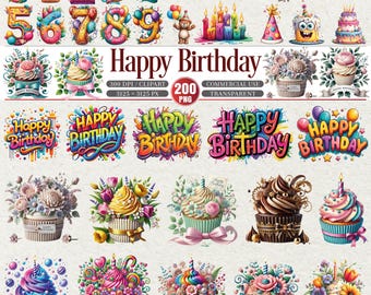 Happy Birthday Clipart Bundle Transparent PNG Party Graphics