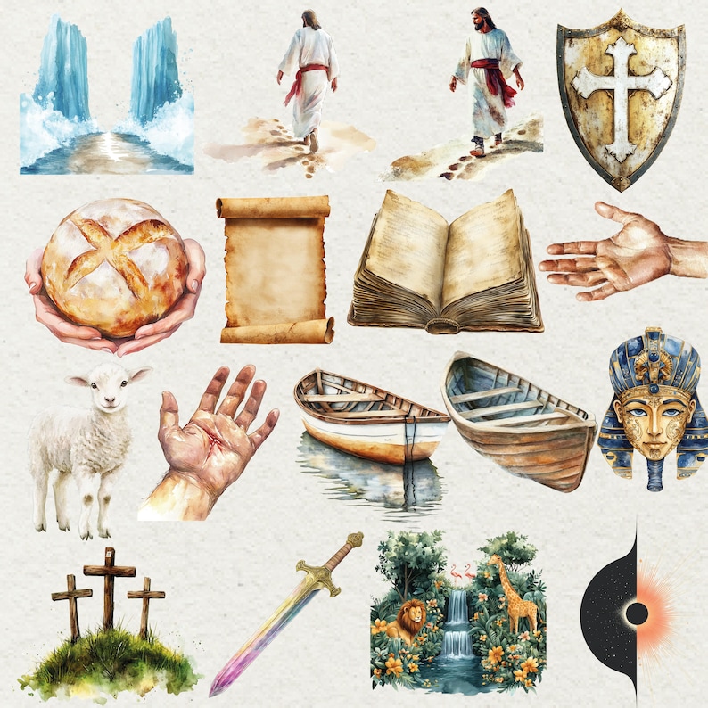 May include: Watercolor illustrations of religious symbols and figures. Includes a shield with a cross, a loaf of bread, a lamb, a boat, a sword, and a pharaoh's mask. Also features a waterfall, a lion, and a giraffe.