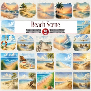 May include: A collection of 16 watercolor beach scene clip art images. Each image features a different coastal landscape with elements like palm trees, sunsets, waves, and beach chairs. The text "Beach Scene" is displayed in the center.