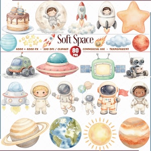 Puede incluir: Ilustraciones en acuarela con temática espacial, incluyendo astronautas, cohetes, planetas, estrellas y una tarta. El texto "Soft Space" se muestra en el centro. Las imágenes tienen una paleta de colores suaves.