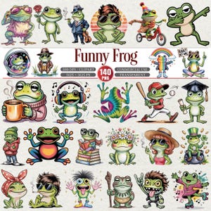Funny Frog Clipart Bundle PNG Cartoon Frog Characters Set