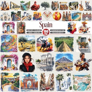 May include: A collection of watercolor illustrations featuring Spanish culture and landmarks. Includes images of a flamenco dress, a bull, a guitar, and the word "Spain". The images are labeled as 300 DPI/clipart, 4000 x 4000 px, 190 PNG, and commercial use.