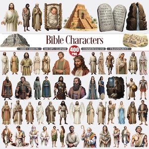 Może przedstawiać: Zbiór ilustracji przedstawiających różne postacie biblijne, w tym Jezusa, Mojżesza i inne. Obrazy są w stylu kreskówkowym, z różnymi pozami i ustawieniami. Widoczny jest tekst "Bible Characters".