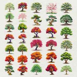 May include: A collection of colorful tree illustrations. The trees feature various shapes and vibrant foliage in shades of green, red, pink, and orange. Some trees have unique, stylized forms, while others are more traditional.