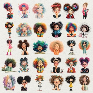 Peut inclure: Ensemble d'illustrations num&eacute;riques color&eacute;es de jeunes filles aux cheveux boucl&eacute;s. Chaque fille arbore une coiffure et une tenue uniques, avec des couleurs vari&eacute;es : arc-en-ciel, bleu, rose et orange. Certaines portent des lunettes, d'autres tiennent des objets.