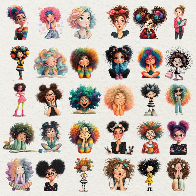 Peut inclure: Ensemble d'illustrations num&eacute;riques color&eacute;es de jeunes filles aux cheveux boucl&eacute;s. Chaque fille arbore une coiffure et une tenue uniques, avec des couleurs vari&eacute;es : arc-en-ciel, bleu, rose et orange. Certaines portent des lunettes, d'autres tiennent des objets.