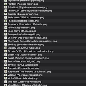 May include: A list of various herbs and plants, each with its common and scientific name. The image features a dark background with white text, including Parsley, Passionflower, and Pau d'Arco. The text is organized in a vertical list.