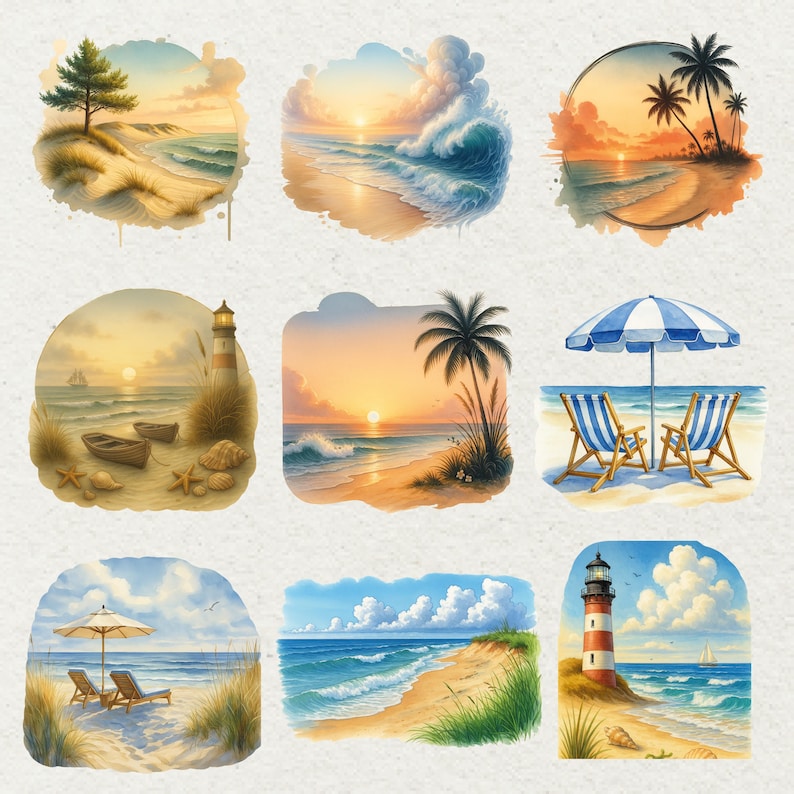 May include: Nine watercolor illustrations of beach scenes. Each scene features a beach, ocean, and sky, with elements like palm trees, a lighthouse, beach chairs, and an umbrella. The color palette includes blues, yellows, and oranges.