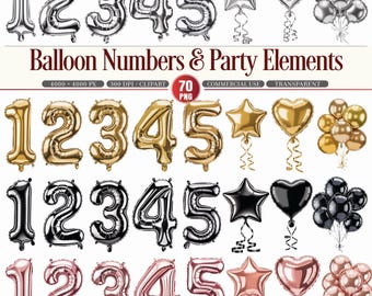 May include: A collection of metallic number balloons and party elements in silver, gold, black, and rose gold. The image includes numbers 1 through 5, star-shaped, heart-shaped, and round balloons. Text reads "Balloon Numbers & Party Elements."