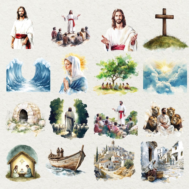 May include: Watercolor illustrations depicting religious scenes. Images include Jesus, a cross on a hill, a boat on water, a nativity scene, and other biblical figures and events. The artwork features soft colors and a serene atmosphere.
