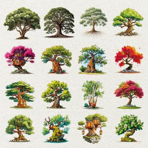 May include: A collection of sixteen watercolor illustrations of various trees. The trees feature diverse foliage colors, including green, red, and pink. Some trees have unique features like a treehouse or exposed roots, showcasing a variety of tree types.