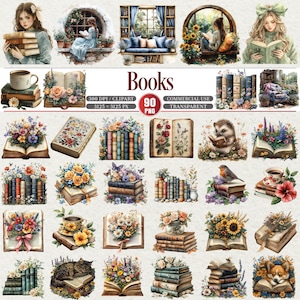 May include: A collection of watercolor illustrations featuring books, flowers, and reading scenes. The images include stacks of books, open books with floral arrangements, and people reading. The word "Books" is displayed in the center.