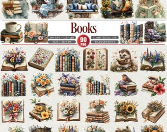 May include: A collection of watercolor illustrations featuring books, flowers, and reading scenes. The images include stacks of books, open books with floral arrangements, and people reading. The word "Books" is displayed in the center.
