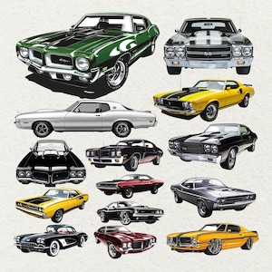 May include: A selection of classic muscle car illustrations in shades of green, yellow, black, silver, and red. The images depict various models with features like racing stripes and chrome detailing. The cars are set against a plain background.
