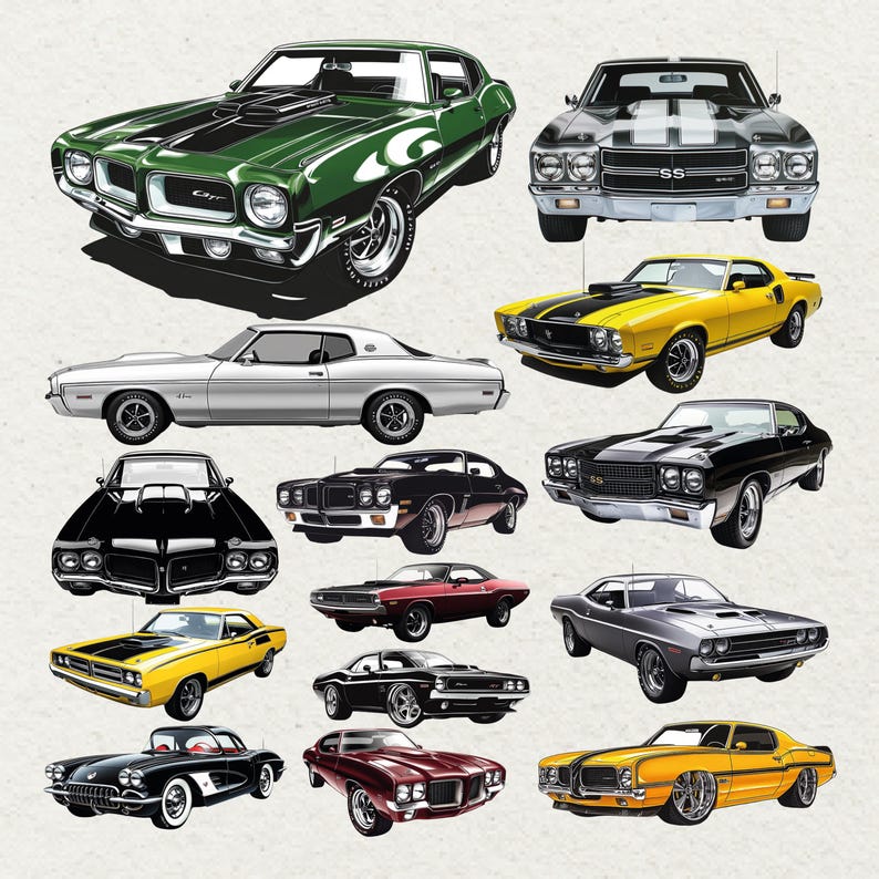 May include: A selection of classic muscle car illustrations in shades of green, yellow, black, silver, and red. The images depict various models with features like racing stripes and chrome detailing. The cars are set against a plain background.