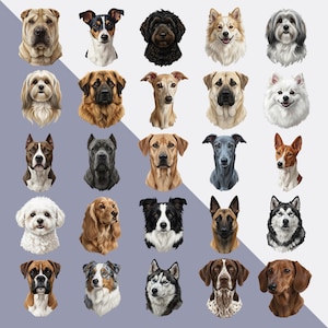 May include: A collection of dog portraits, each showcasing a different breed. The dogs are depicted with detailed fur and expressive eyes, set against a light purple and white background. Breeds include a Shar Pei, Jack Russell Terrier, and a black Poodle.