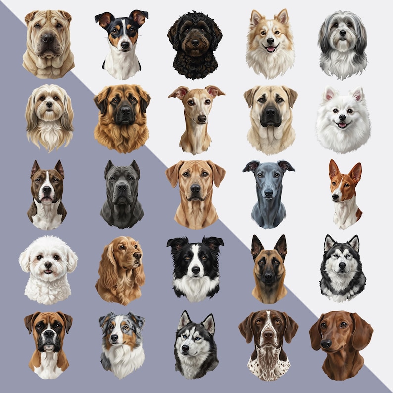May include: A collection of dog portraits, each showcasing a different breed. The dogs are depicted with detailed fur and expressive eyes, set against a light purple and white background. Breeds include a Shar Pei, Jack Russell Terrier, and a black Poodle.