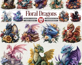 Floral Dragon Clipart Bundle 100 PNG Fantasy Illustrations