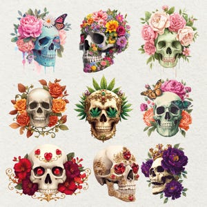 Op de afbeelding: Negen decoratieve schedel illustraties. Elke schedel is versierd met bloemen, vlinders en sierlijke details. De schedels hebben verschillende kleurenschema's, waaronder blauw, wit en goud, met bloemstukken in roze, oranje en paars.