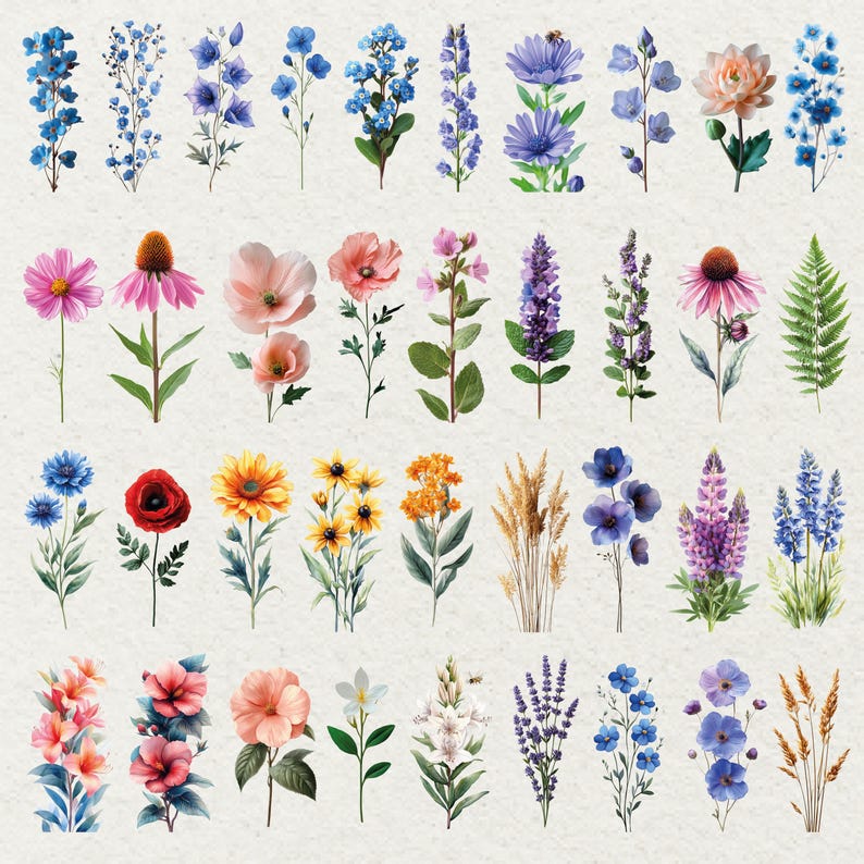 May include: Watercolor illustration of various flowers, including blue delphiniums, purple lavender, and orange and yellow sunflowers. The image features a variety of floral arrangements, with detailed petals and green stems. The flowers are arranged in rows, creating a botanical theme.