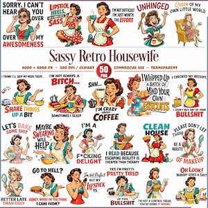 Pacchetto di clipart di casalinghe sfacciate in stile retrò, 50 disegni PNG di donne vintage sarcastiche