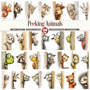 May include: A collection of watercolour illustrations depicting a variety of animals peeking from behind wooden posts. Animals include a crab, raccoon, cat, squirrel, bull, walrus, rabbit, sloth, llama, horse, cat, goat, frog, parrot, snail, warthog, tiger, lion, owl, sheep, cheetah, bear, and hedgehog.