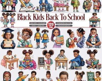 Schwarze Kinder zurück zu Schule Clipart Bundle 120 PNG Transparent