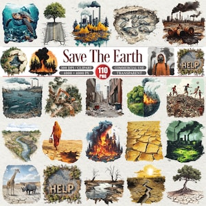 Könnte beinhalten: Eine Sammlung digitaler Illustrationen mit Umweltthemen. Die Bilder zeigen eine Meeresschildkröte, einen Baum auf einer Rissstraße, Fabriken, verschmutztes Wasser und den Text "Save The Earth".