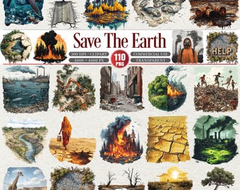 May include: A collection of digital illustrations with environmental themes. Images include a sea turtle, a tree on a cracked road, factories, polluted water, a person in a hazmat suit, and the text "Save The Earth".