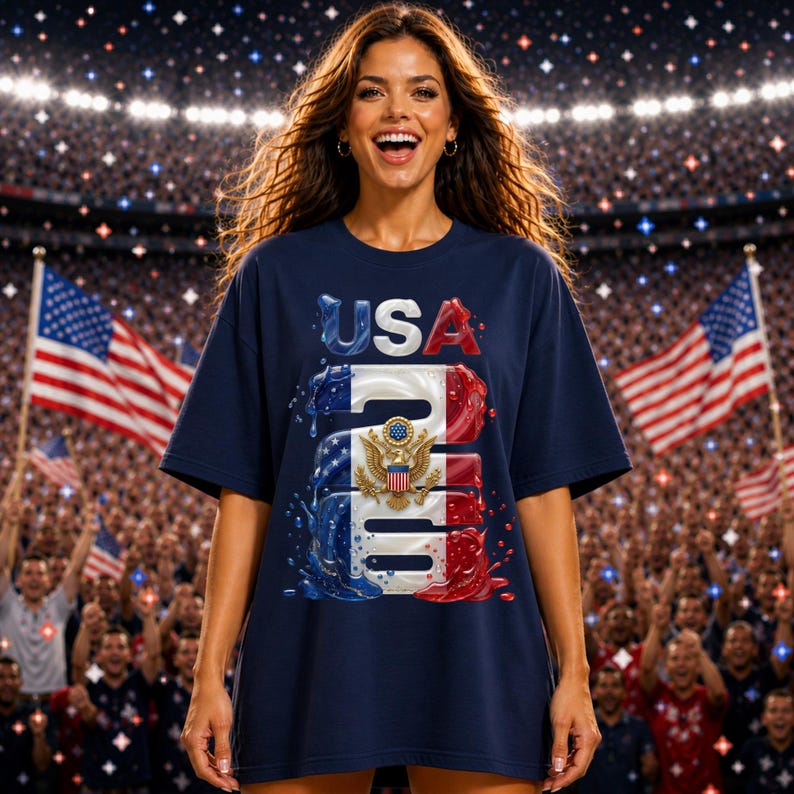 May include: Navy blue t-shirt with a patriotic design. The shirt features the word "USA" in red, white, and blue, along with an eagle emblem. The design incorporates elements of the American flag. The shirt is worn by a person in a stadium setting.