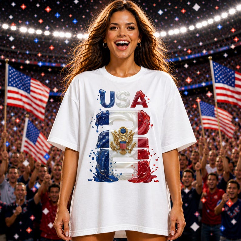 May include: White t-shirt with a patriotic design featuring the word "USA" in red, white, and blue, with a dripping effect. The shirt includes an emblem and is worn by a person in a stadium setting with American flags.