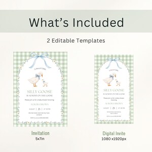 May include: Two editable baby shower invitation templates featuring a green gingham background, an arched floral frame, and a goose illustration with a blue bow. The text reads A Sweet Little SILLY GOOSE IS ALMOST ON THE LOOSE, with placeholders for event details.
