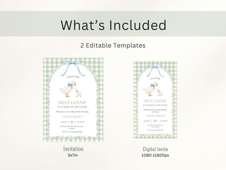 May include: Two editable baby shower invitation templates featuring a green gingham background, an arched floral frame, and a goose illustration with a blue bow. The text reads A Sweet Little SILLY GOOSE IS ALMOST ON THE LOOSE, with placeholders for event details.
