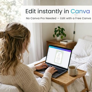 May include: A laptop displaying a design interface with the text Edit instantly in Canva. No Canva Pro Needed &mdash; Edit with a Free Canva Account. The screen shows a digital template with a green checkered border and a central arch graphic.