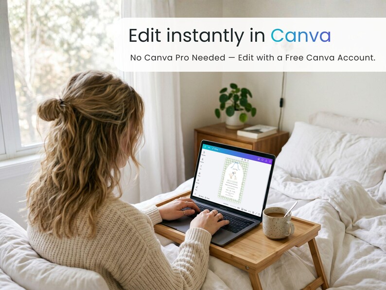 May include: A laptop displaying a design interface with the text Edit instantly in Canva. No Canva Pro Needed &mdash; Edit with a Free Canva Account. The screen shows a digital template with a green checkered border and a central arch graphic.