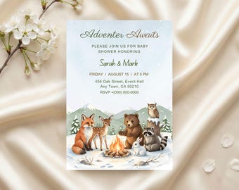 Editable Winter Woodland Baby Shower Invitation – Forest Animals Printable Invite (digital download)
