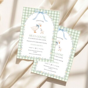 Silly Goose On The Loose Baby Shower Invitation, Whimsical Cottagecore Invite, Sage Green Evite, Editable Canva Template image 2
