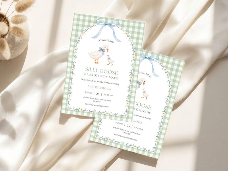 Silly Goose On The Loose Baby Shower Invitation, Whimsical Cottagecore Invite, Sage Green Evite, Editable Canva Template image 2