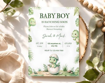Dinosaur Baby Shower Invitation, Hatching Soon Boy Invite, Editable Canva Template