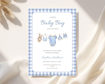 A Sweet Baby Boy Shower Invitation, Blue Gingham Clothesline Invite, Teddy Bear On The Way Evite, Editable Canva Template