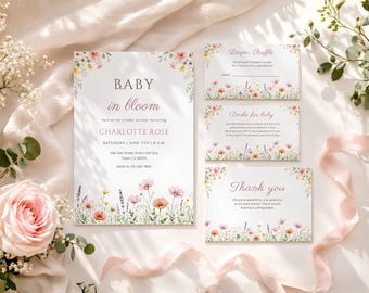 Baby in Bloom Baby Shower Invitation Bundle, Wildflower Floral Invite Set, Pink Flower Template, Editable Canva Digital Download