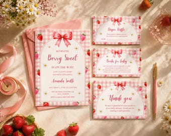 Strawberry Baby Shower Invitation Bundle, Someone Berry Sweet Invite, Canva Template