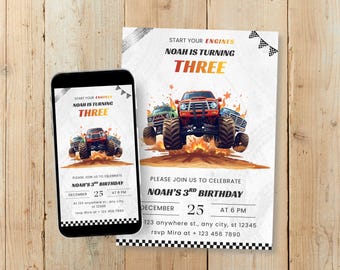 Invitation d'anniversaire modifiable de Monster Truck | Invitation fête de course pour garçons | Modèle de toile | Téléchargement numérique