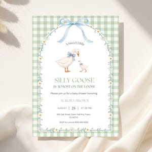 May include: A rectangular baby shower invitation card featuring a light green gingham background. The center displays a white archway decorated with daisies, a blue ribbon, and illustrations of two geese. Text reads: A Sweet Little SILLY GOOSE IS ALMOST ON THE LOOSE. Please join us for a baby shower honoring AURORA BROWN AUGUST 25 AT 08 PM 456 Oak Street, Event Hall Any Town, CA 90210 RSVP to Luna at (000) 000-0000.