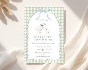 Silly Goose On The Loose Baby Shower Invitation, Whimsical Cottagecore Invite, Sage Green Evite, Editable Canva Template