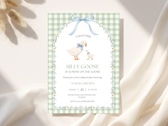 Silly Goose On The Loose Baby Shower Invitation, Whimsical Cottagecore Invite, Sage Green Evite, Editable Canva Template