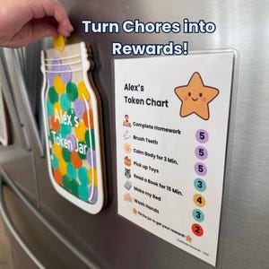 May include: A wooden jar-shaped token holder labeled Alex's Token Jar filled with colorful circular tokens and a rectangular chart titled Alex's Token Chart with a star graphic and a list of tasks with corresponding numerical values for rewards.