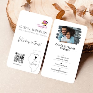 Puede incluir: Dos tarjetas de visita blancas con esquinas redondeadas. Una tarjeta tiene el texto "ETERNAL HAPPINESS 2026 INTERNATIONAL CONVENTION" y "Let's keep in Touch!". La otra tarjeta tiene una foto de una pareja e información de contacto.