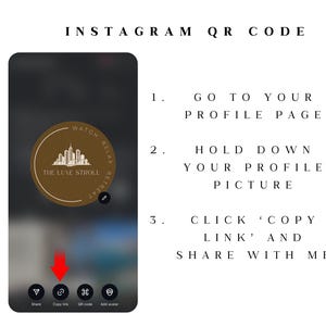 Peut inclure: Image avec des instructions pour partager un lien de profil Instagram. Le texte indique : "INSTAGRAM QR CODE". Les &eacute;tapes incluent d'aller sur votre page de profil, de maintenir votre photo de profil et de cliquer sur 'copier le lien'.